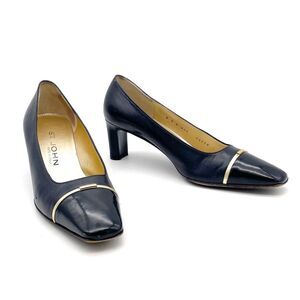 St. John Navy Leather Pumps Size 7 Gold Trim Cap Toe Classic Mid Heel Italy VTG